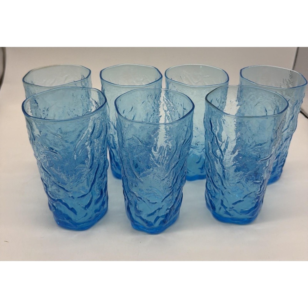 MORGANTOWN glass TUMBLERS, 12oz, Set‎ of 7 CRINKLE BLUE PEACOCK, 5.25" tall, VTG